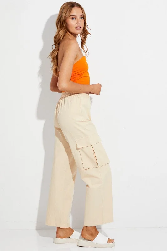 Beige Elastic Waist High Rise Wide Leg Cargo Pants