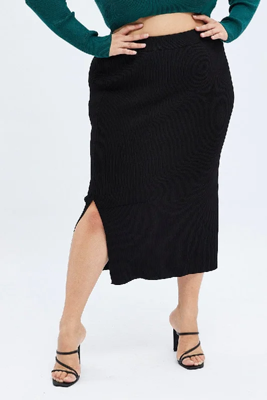 Black Knit Skirt Midi Side Split