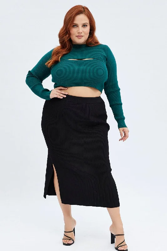 Black Knit Skirt Midi Side Split