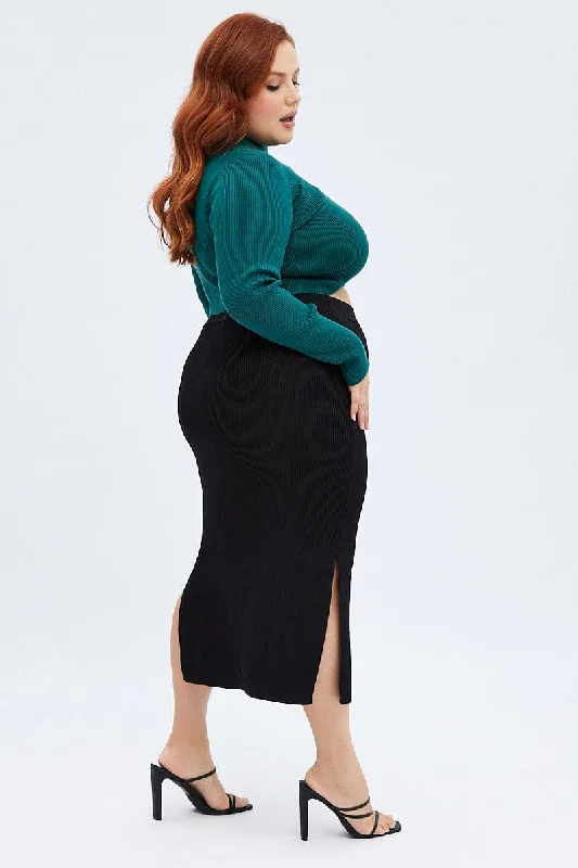 Black Knit Skirt Midi Side Split