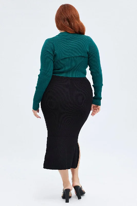 Black Knit Skirt Midi Side Split