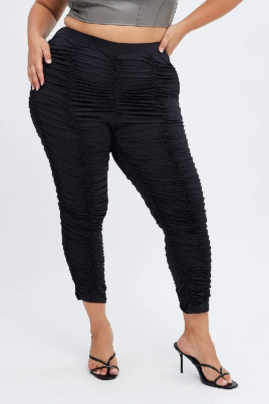 Black Ruched Leggings Fitted Jersey Elastic Waist