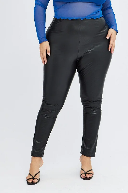 Black Sculpting Legging Faux Leather Pull On Full Length