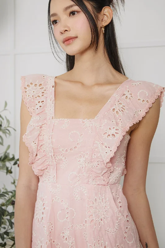 Blythe Eyelet Ruffle Romper in Pink