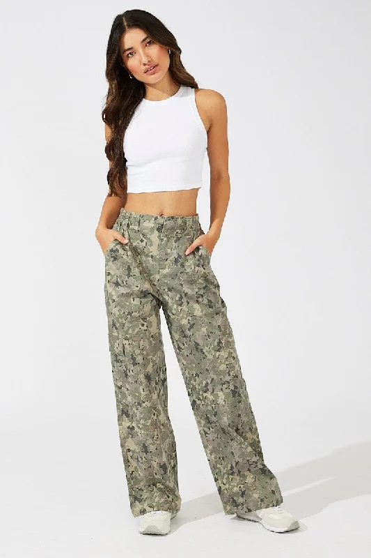 Green Print Cargo Pants Mid Rise