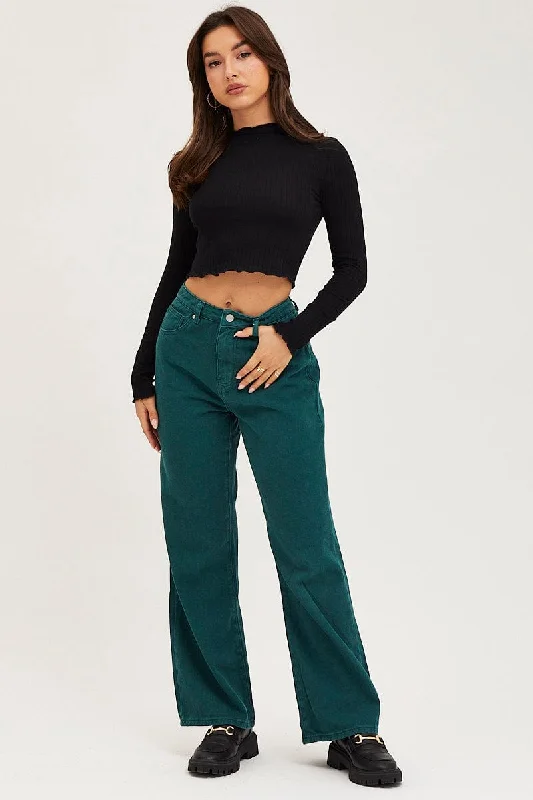 Green Wide Leg Denim Jeans High Rise