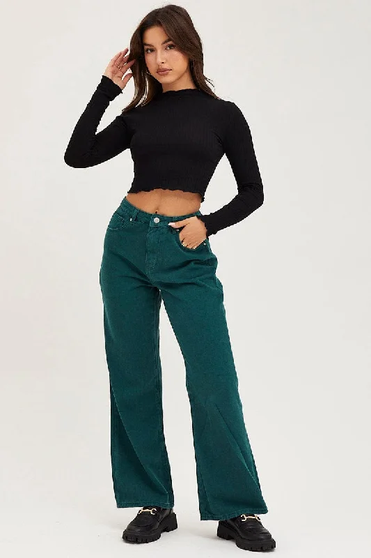 Green Wide Leg Denim Jeans High Rise