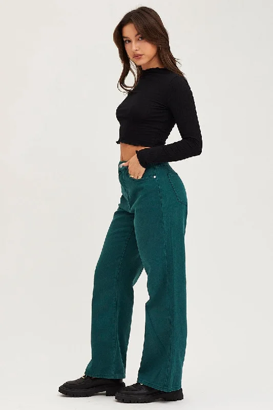 Green Wide Leg Denim Jeans High Rise