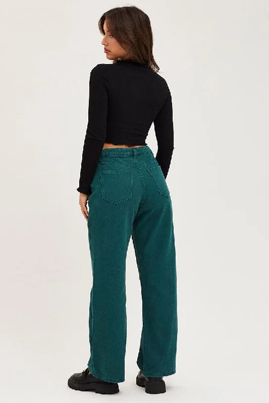 Green Wide Leg Denim Jeans High Rise