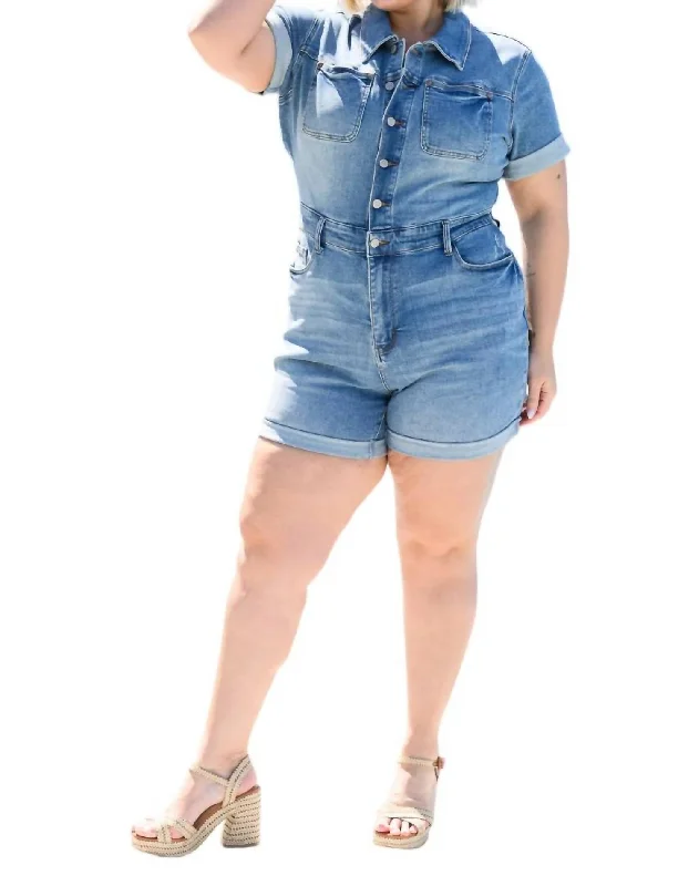 High Rise Short Sleeve Romper In Medium Wash