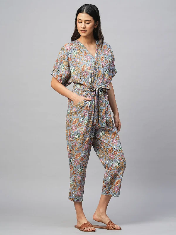 Women's Cotton Blue Regular Fit Jumpsuit