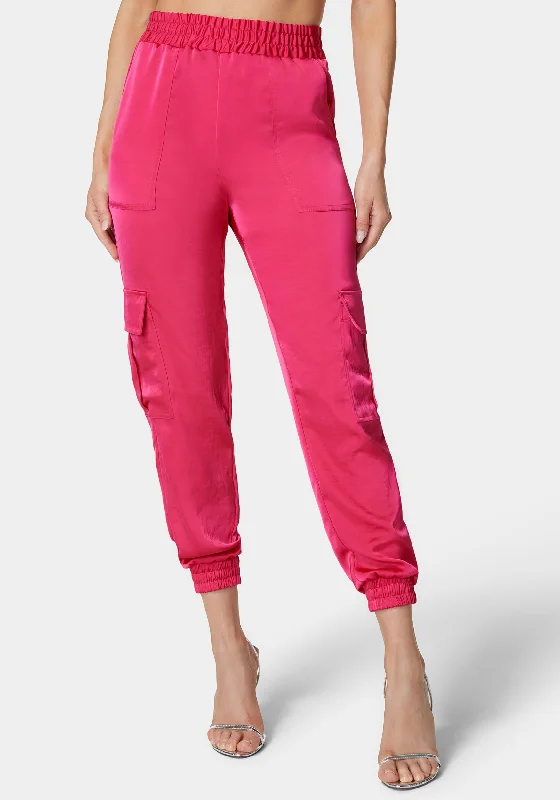 Laundered Satin Elastic Waist Cargo Jogger Pant