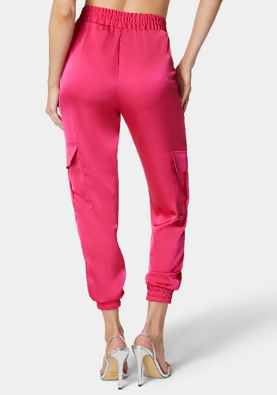 Laundered Satin Elastic Waist Cargo Jogger Pant