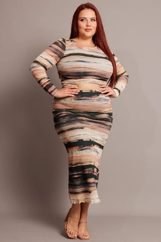 Multi Abstract Mesh Bodycon Landscape Skirt