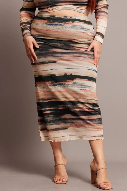 Multi Abstract Mesh Bodycon Landscape Skirt