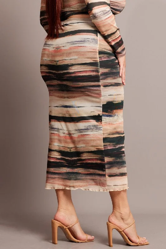 Multi Abstract Mesh Bodycon Landscape Skirt