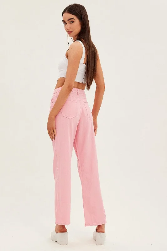 Pink Denim Jeans High Rise Wide Leg