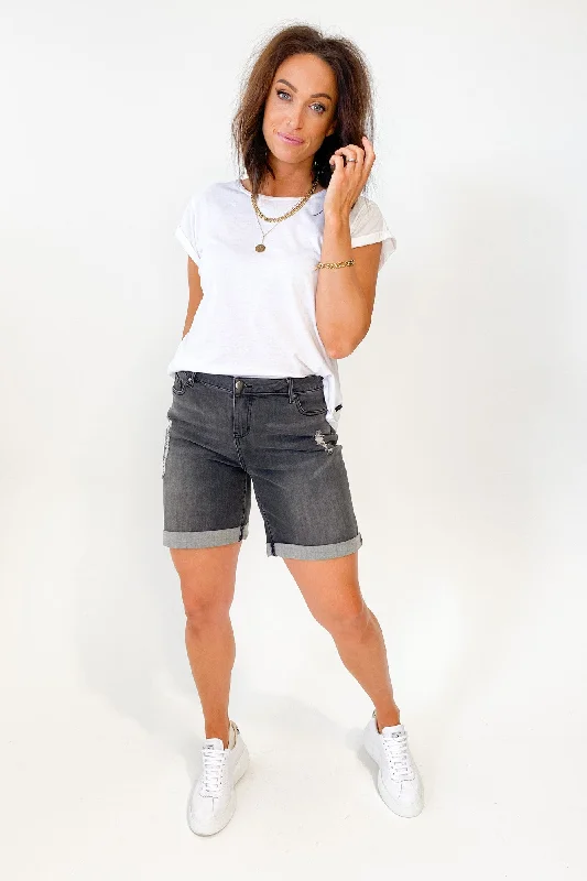 Shine On Label Stretch Denim Boyfriend Shorts Washed Charcoal