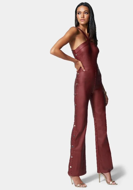 Wide Leg Snap Detail Coated Denim Jumpsuit