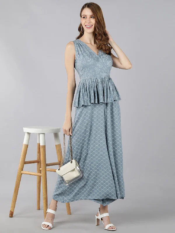 Rayon Printed Flared Jumpsuit (Grey)