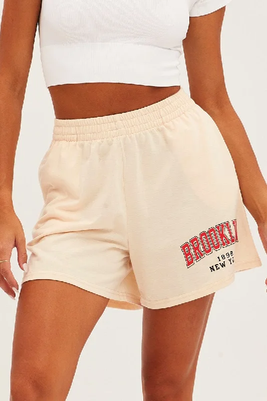 Beige Elastic Waist Biker Track Shorts