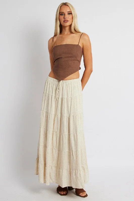 Beige Maxi Skirt Tiered High Rise Linen Blend