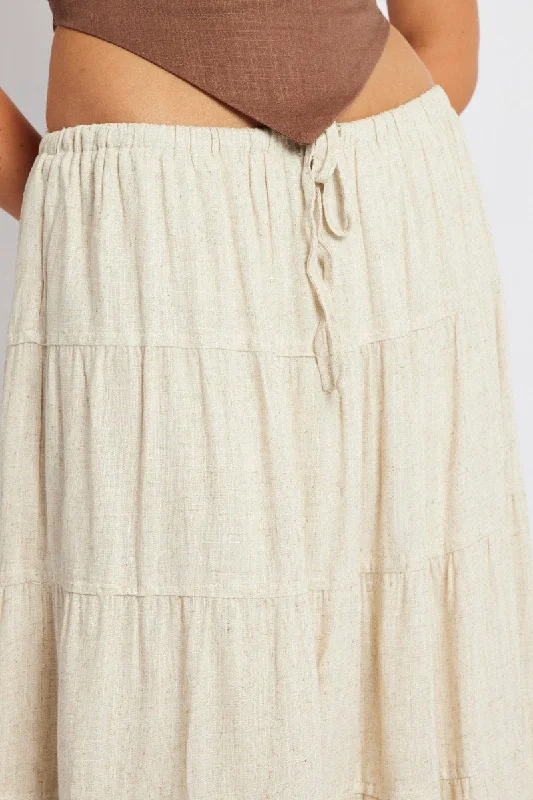 Beige Maxi Skirt Tiered High Rise Linen Blend