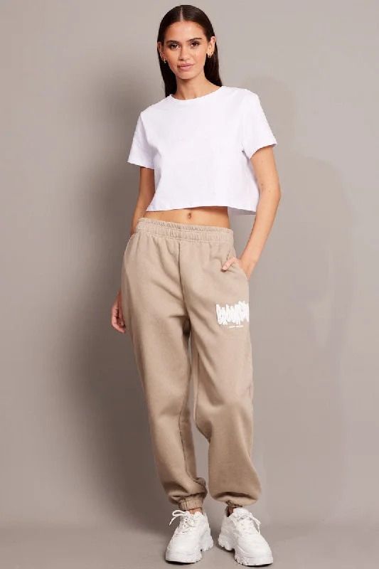 Beige Track Pants High Rise