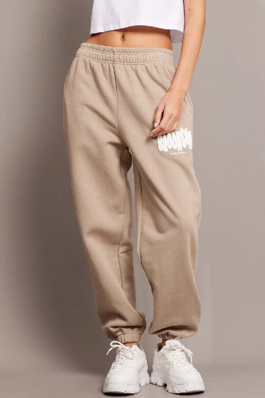 Beige Track Pants High Rise