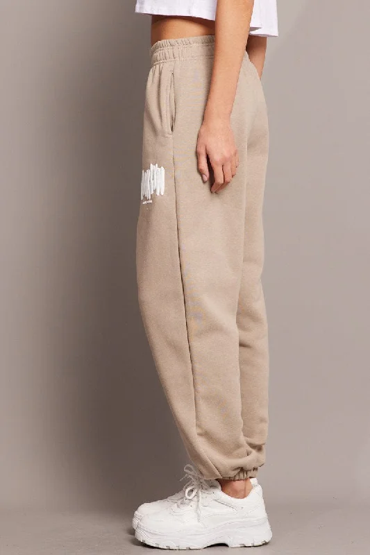 Beige Track Pants High Rise