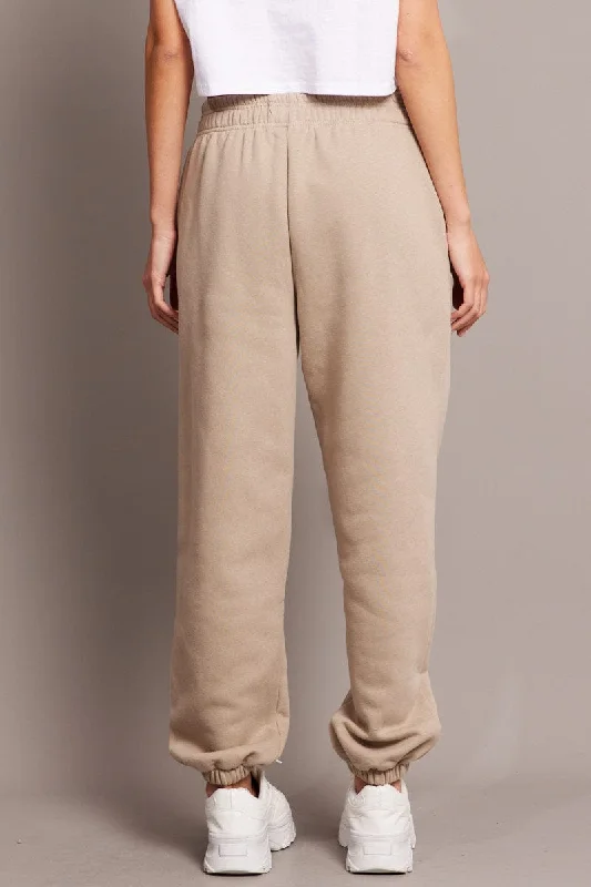 Beige Track Pants High Rise