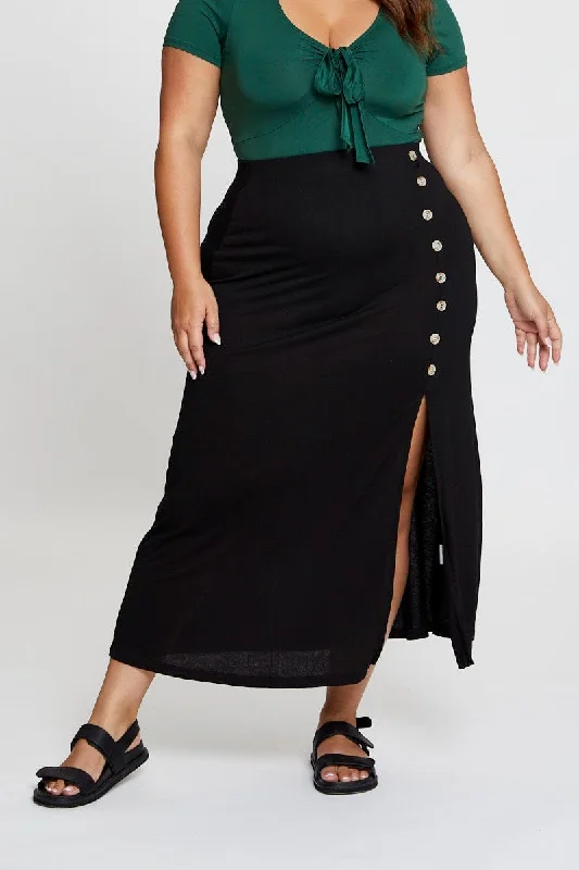 Black Button Midi Skirt