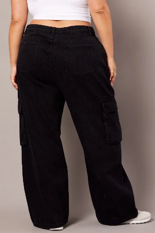 Black Cargo Jeans High Rise