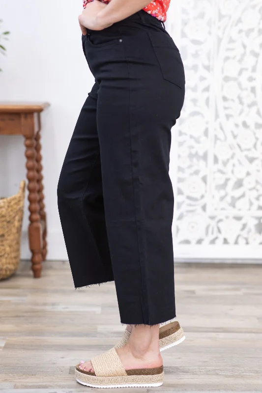 Black Cropped Wide Leg Stretch Pants