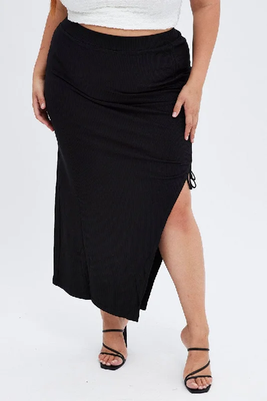 Black Midi Skirt High Waist Split Ribbed Jersey