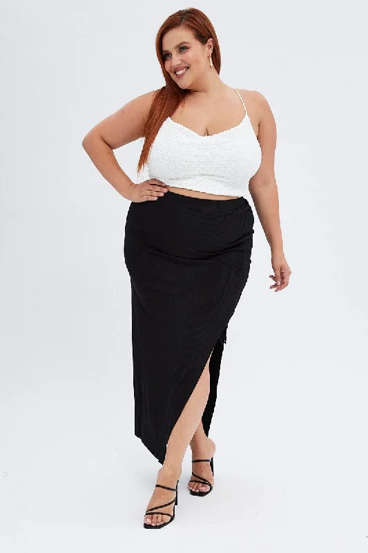 Black Midi Skirt High Waist Split Ribbed Jersey