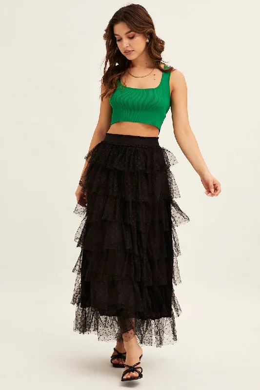 Black Midi Skirt Tulle Elastic Waist Mesh