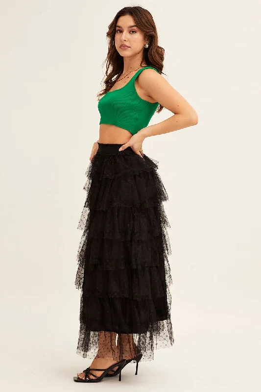 Black Midi Skirt Tulle Elastic Waist Mesh