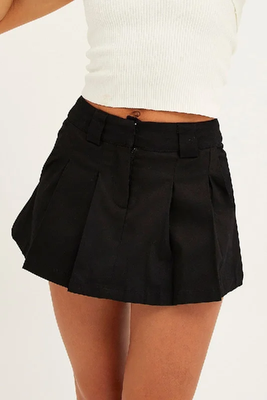 Black Mini Skirt Pleated Mid Rise Cotton