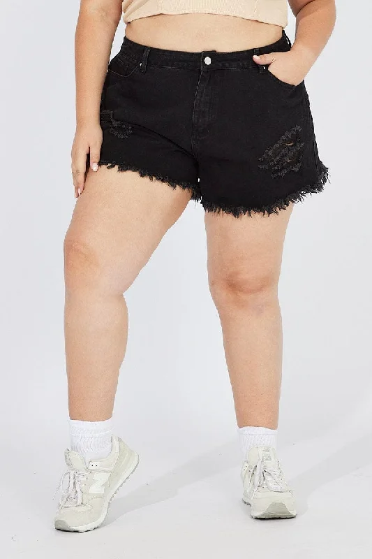 Black Relaxed Denim Shorts High Rise