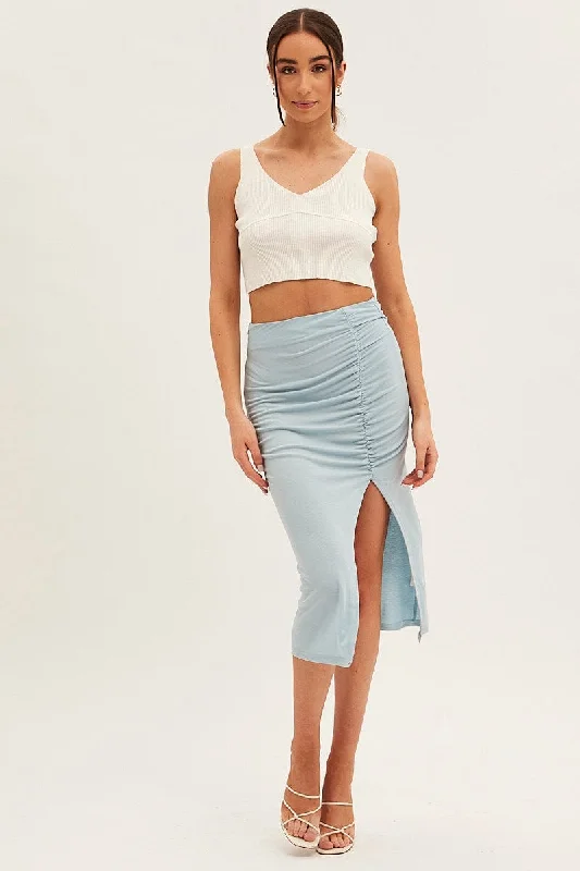 Blue Rib Front Slit Skinny Skirt