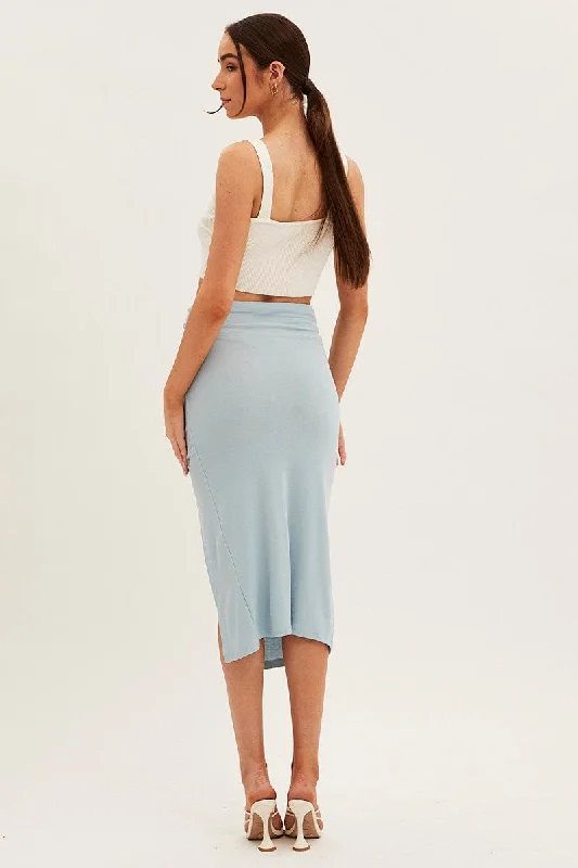 Blue Rib Front Slit Skinny Skirt