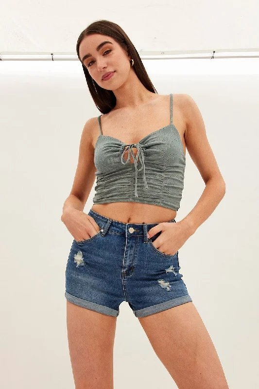 Blue Skinny Denim Shorts Mid Rise