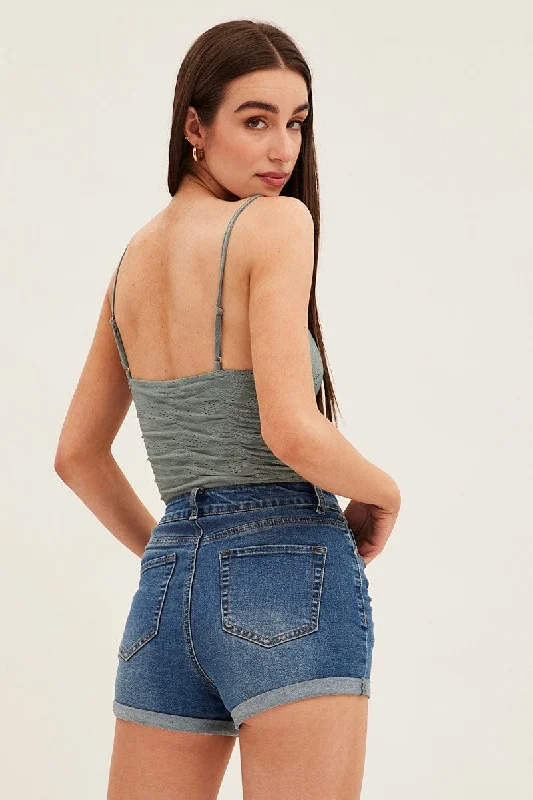 Blue Skinny Denim Shorts Mid Rise