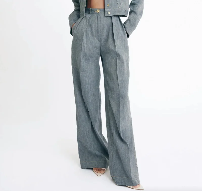 Button Pleated Trouser Denim In Grey