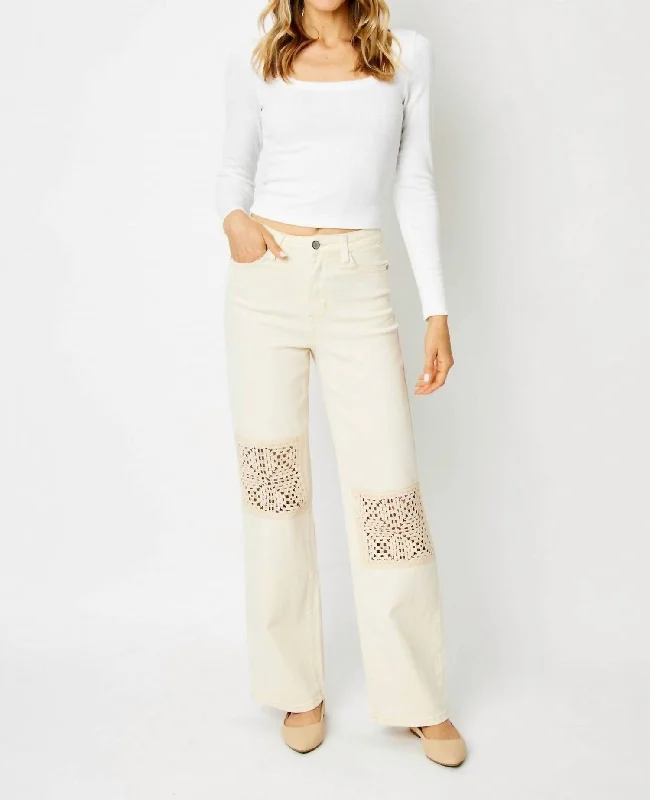 Crochet Patch High Rise Wide Leg Jeans In Natural