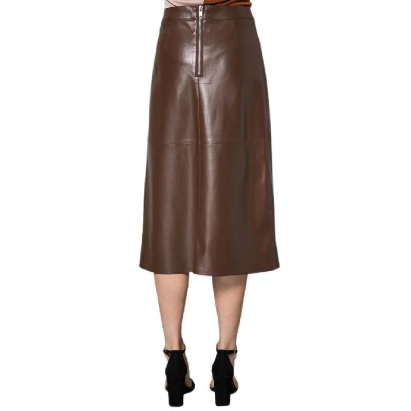 Faux Leather Side Slit Line Midi Skirt (Brown)