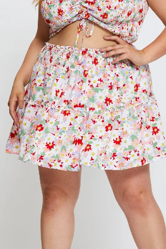 Floral Print Mini Skater Skirt Ruffle Hem