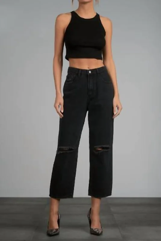 Fray Hem Distressed Crop Jeans In Black Vintage