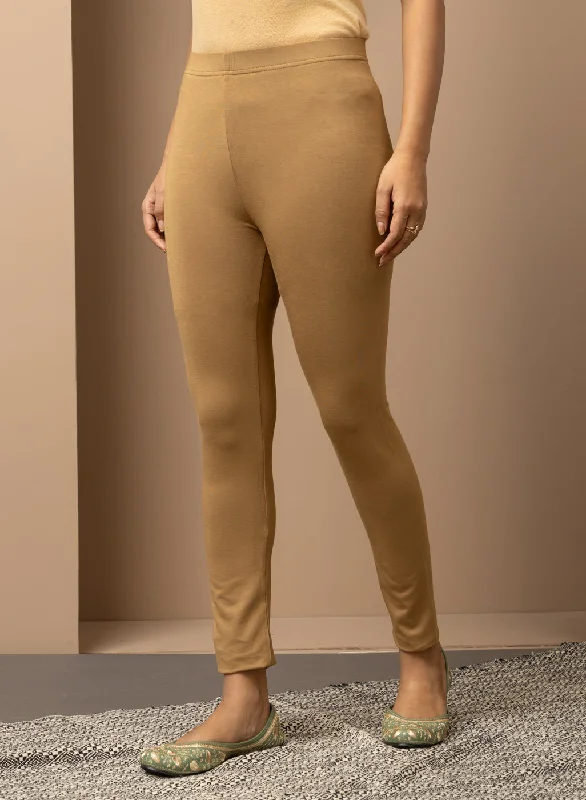 Gold Beige Ankle Length Plain Legging